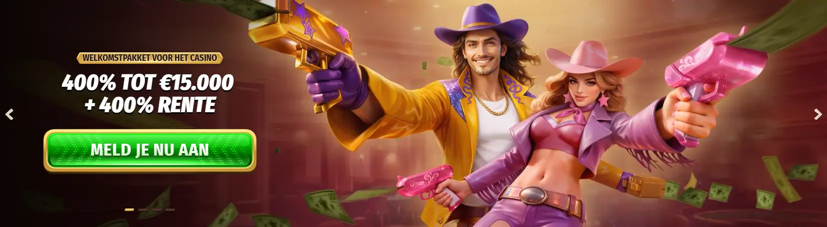 West Ace Casino welkomstbanner met twee cowboy-personages, geldconfetti en aanbieding van 400% tot €15.000 plus 400% rente