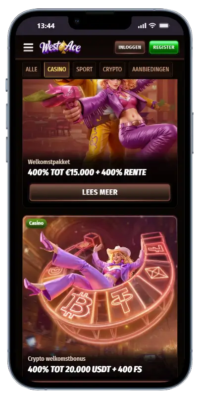 West Ace Casino bonuspagina met welkomstpakket van 400% tot €15.000 en crypto welkomstbonus van 400% tot 20.000 USDT plus 400 freespins