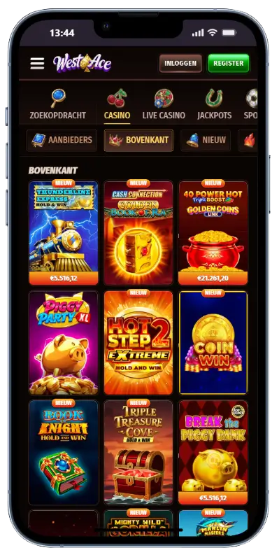 West Ace Casino mobiele spellenlobby met populaire gokkasten zoals Hot Step 2 Extreme, Coin Win en Piggy Party XL