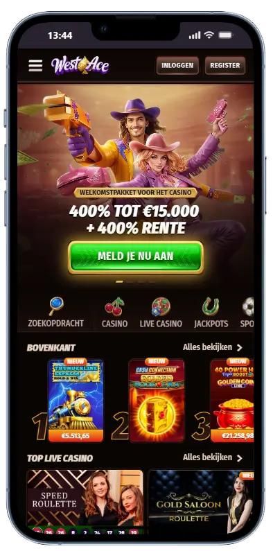 West Ace Casino mobiele startpagina met welkomstbanner, spelcategorieën, topgokkasten en live casinospellen zoals Speed Roulette