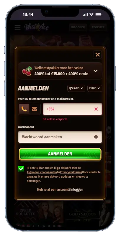 West Ace Casino registratieformulier op mobiel met telefoonnummer- en wachtwoordveld en welkomstpakket van 400% tot €15.000